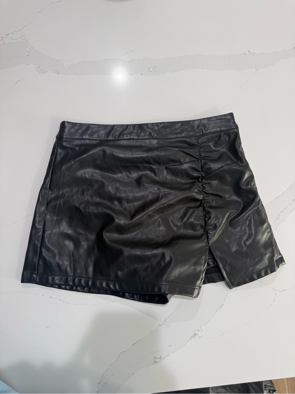 Black Faux Leather Ruched Mini Skirt